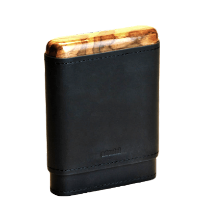 Portasigari in Pelle Nera con Coperchio Ligneo per 3/5 Sigari
