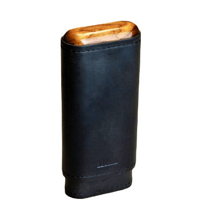 Portasigari in Pelle Nera con Coperchio Ligneo per 2/3 Sigari